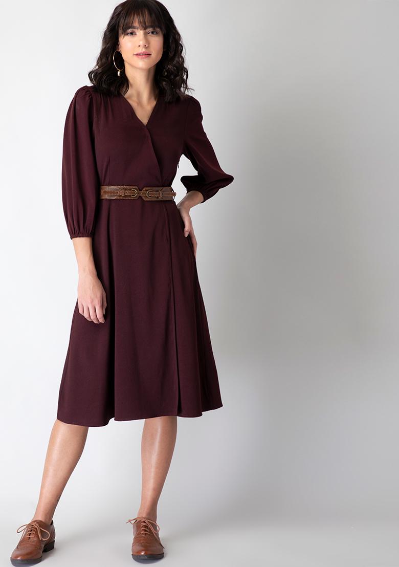 Buy Women Wine Puff Sleeve Belted Wrap Midi Dress - Wrap Dresses Online  India - FabAlley