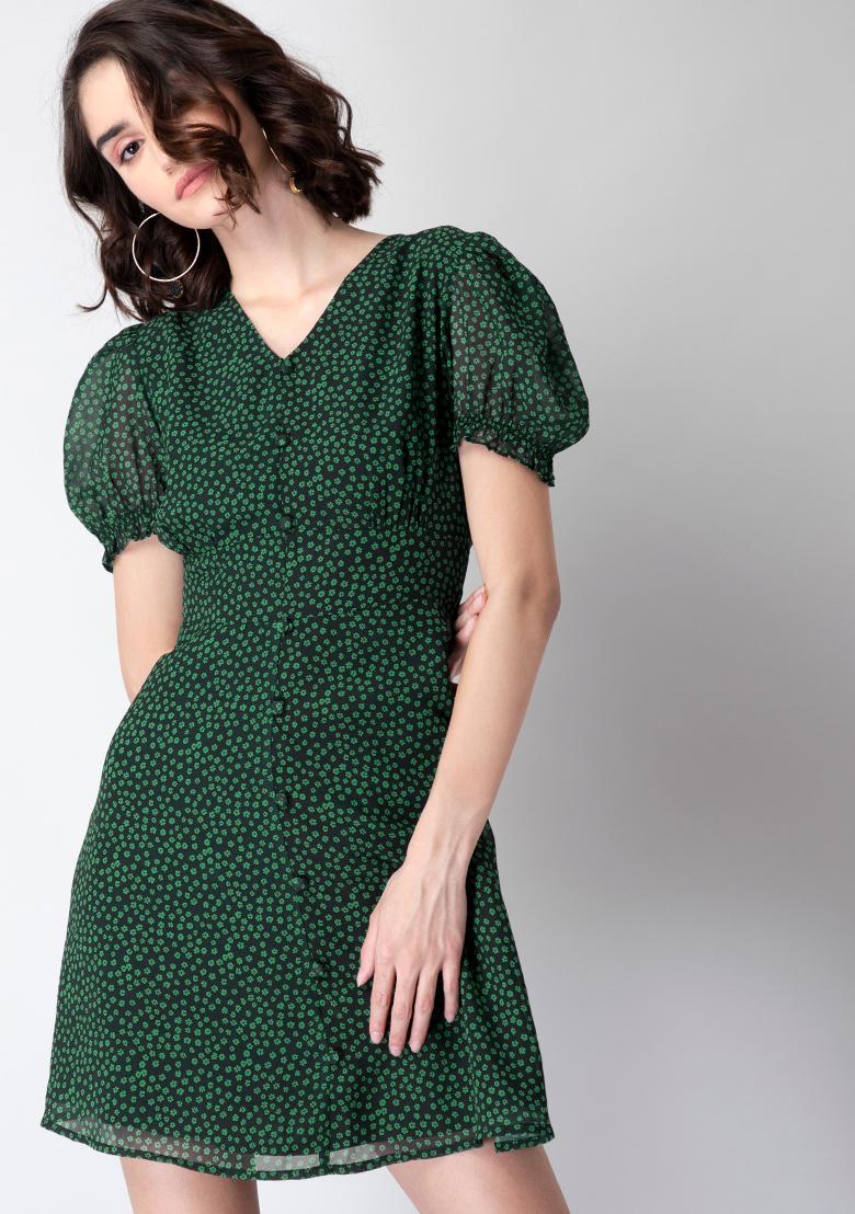 green floral v neck dress