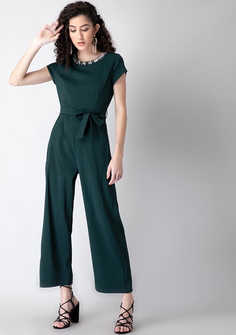 Buy Women Dark Green Embellished Belted ...