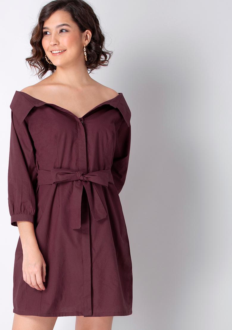 Drop Shoulder Belted Satin Shirt Dress