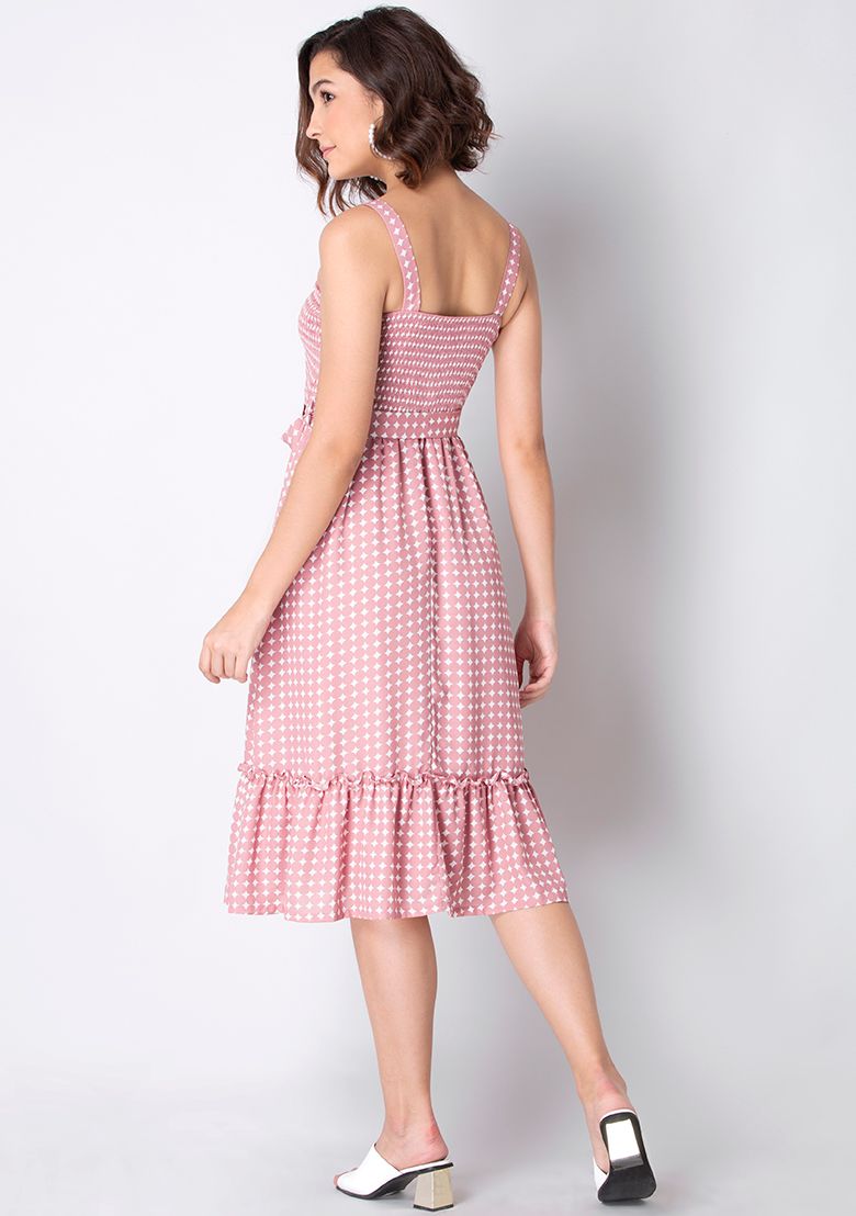 pink belted midi dress