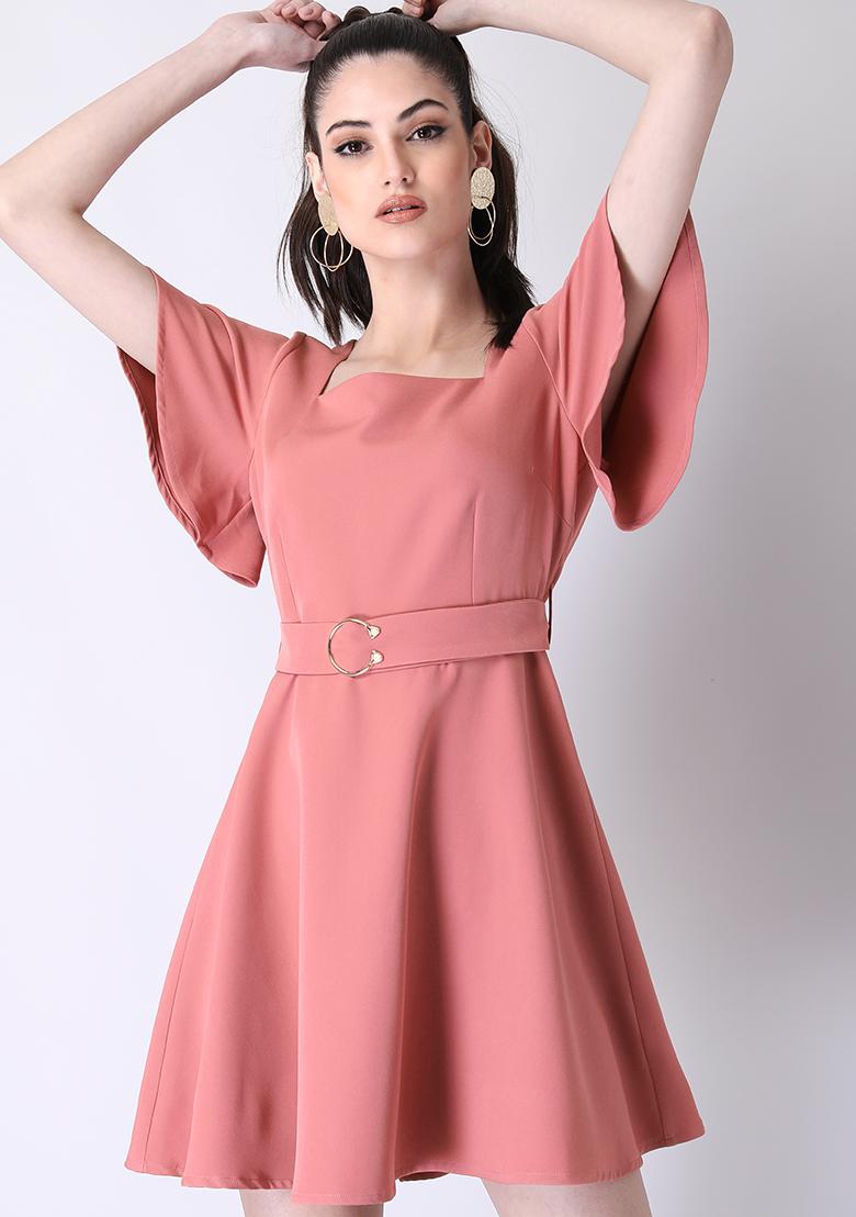 Buy Women Dusty Pink Square Neck Belted Skater Dress Date Night Dress Online India FabAlley