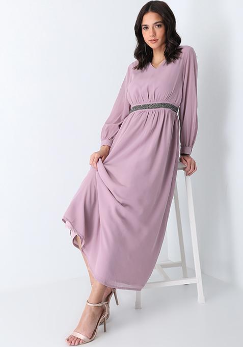 purple maxi dress with sleeves