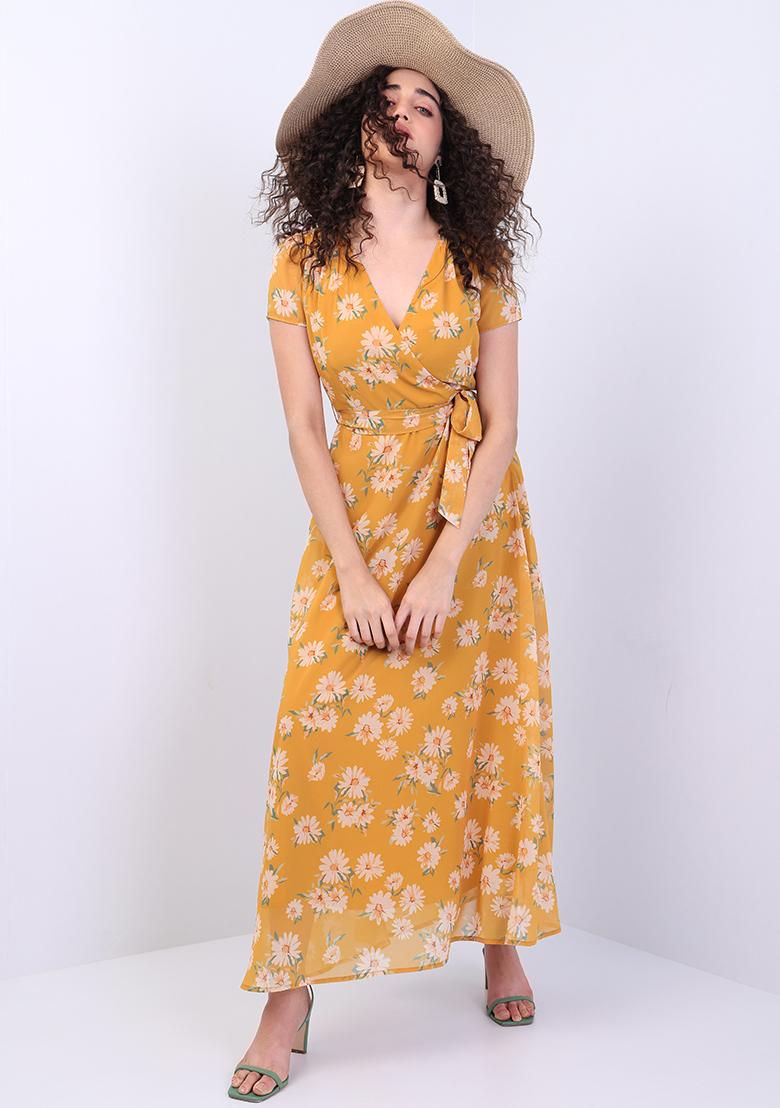 Buy Women Mustard Floral Wrap Self Fabric Dress Date Night Dress