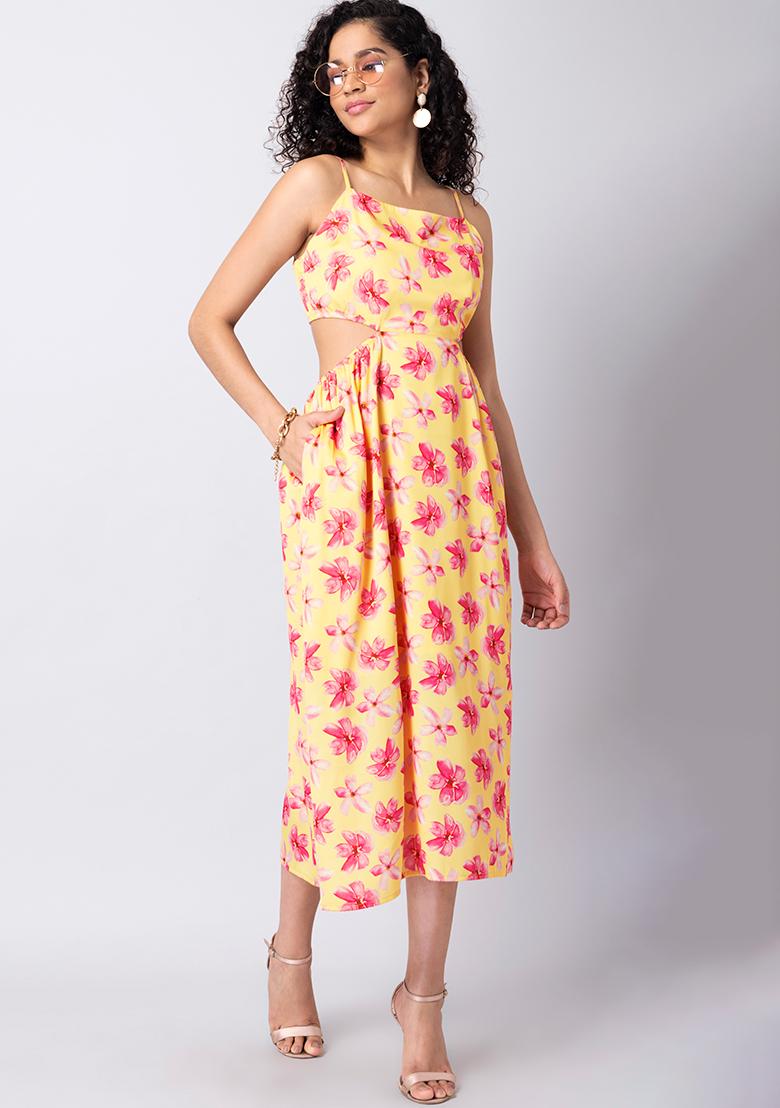 Buy Women Yellow Floral Cut Out Back Midi Dress - Date Night Dress Online  India - FabAlley