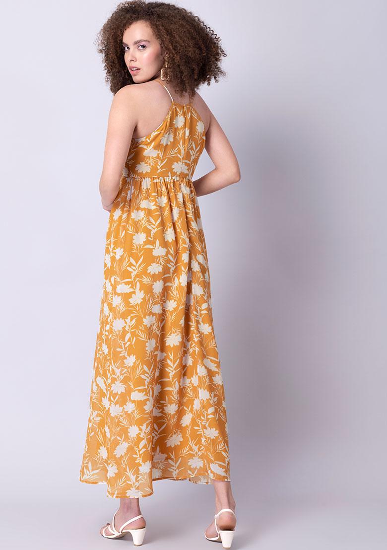 Buy Women Yellow Floral Halter Neck Smocked Maxi Dress - Beach Wear Online  India - FabAlley