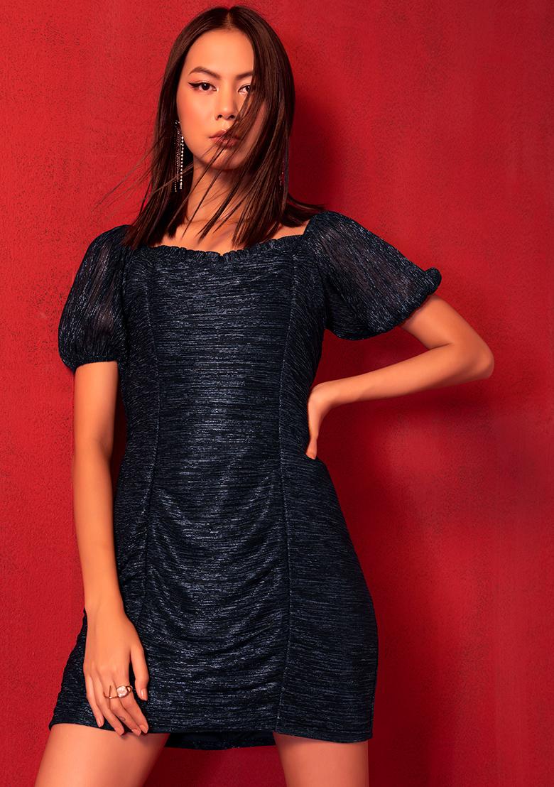 Shape Black Mesh Cowl Ruched Midi Dress | PrettyLittleThing
