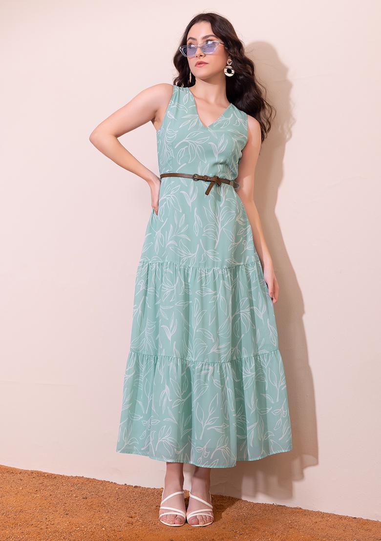 Buy Women Light Blue Floral Print Halter Neck Maxi Dress With Belt - Date  Night Dress Online India - FabAlley