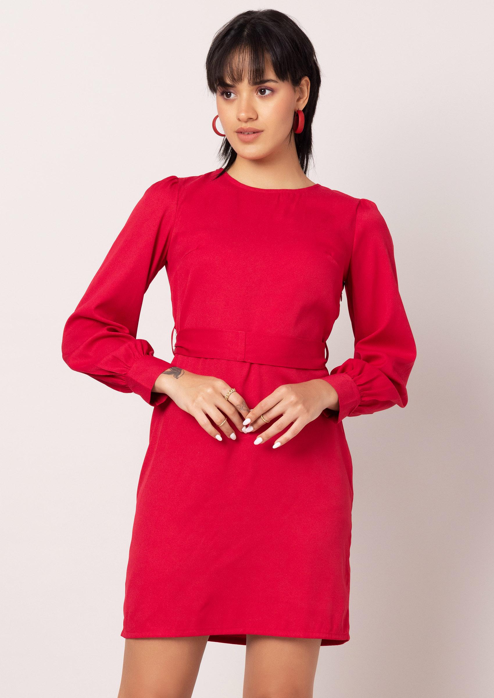 Pink Full Sleeve Shift Dress With Belt