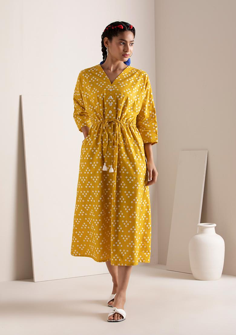 Buy Women EARTHEN Mustard Bandhani Drawstring Kaftan Dress - A-Line Dresses  - Indya