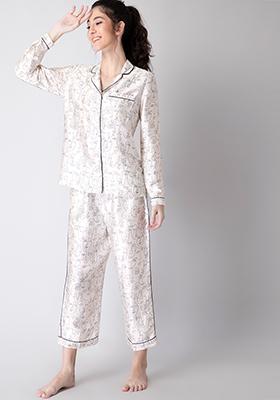 White Abstract Pyjama Shirt Set 