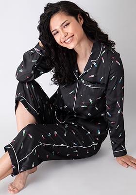 Black Abstract Pyjama Shirt Set 