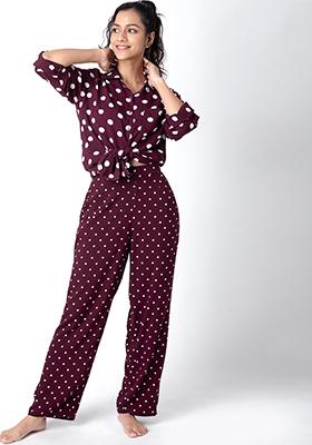 Maroon Polka Pyjama Shirt Set 