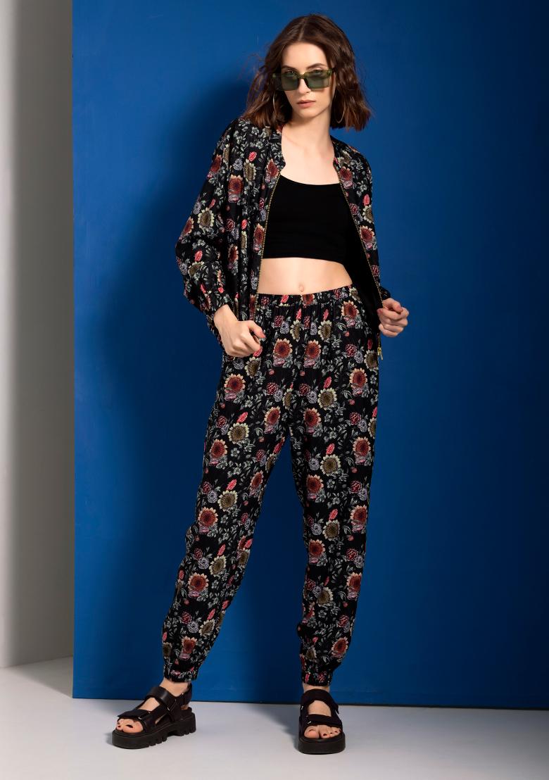 Buy Plus Size Black Floral Luxe High Waist Pants Online For Women