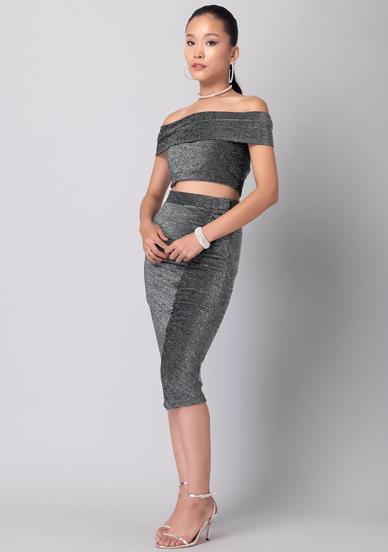 Buy Women Silver Shimmer Off Shoulder Crop Top And Midi Skirt Co 
