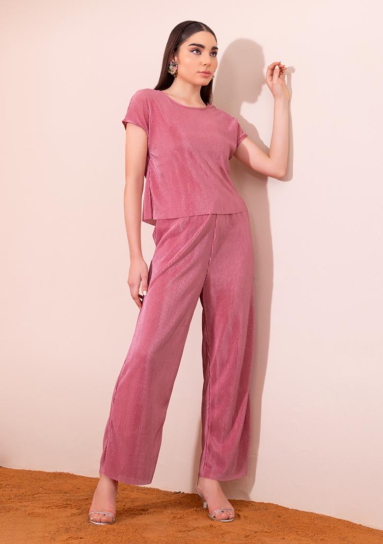 Buy Women Dusty Pink Pleated Top And Trousers CoOrd Set  Coord Sets  Online India  FabAlley