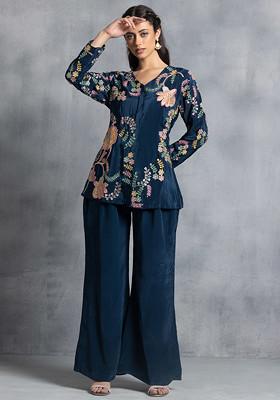 Babyhug Full Sleeves Floral Embroidery Kurta with Solid Dhoti Set - Teal Blue