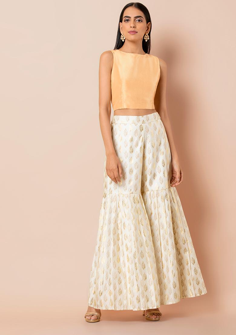 Buy Women Ivory Chanderi Pleated Foil 