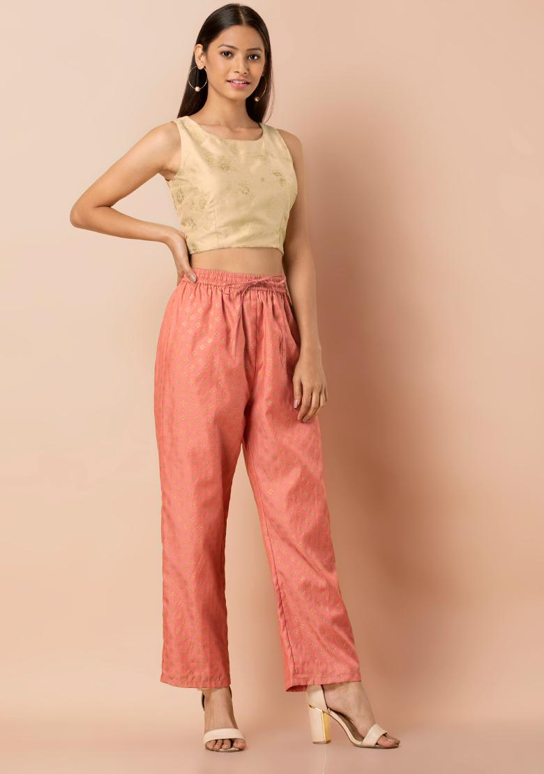 Buy Women Peach Foil Straight Palazzo Pants - Palazzo Pants - Indya