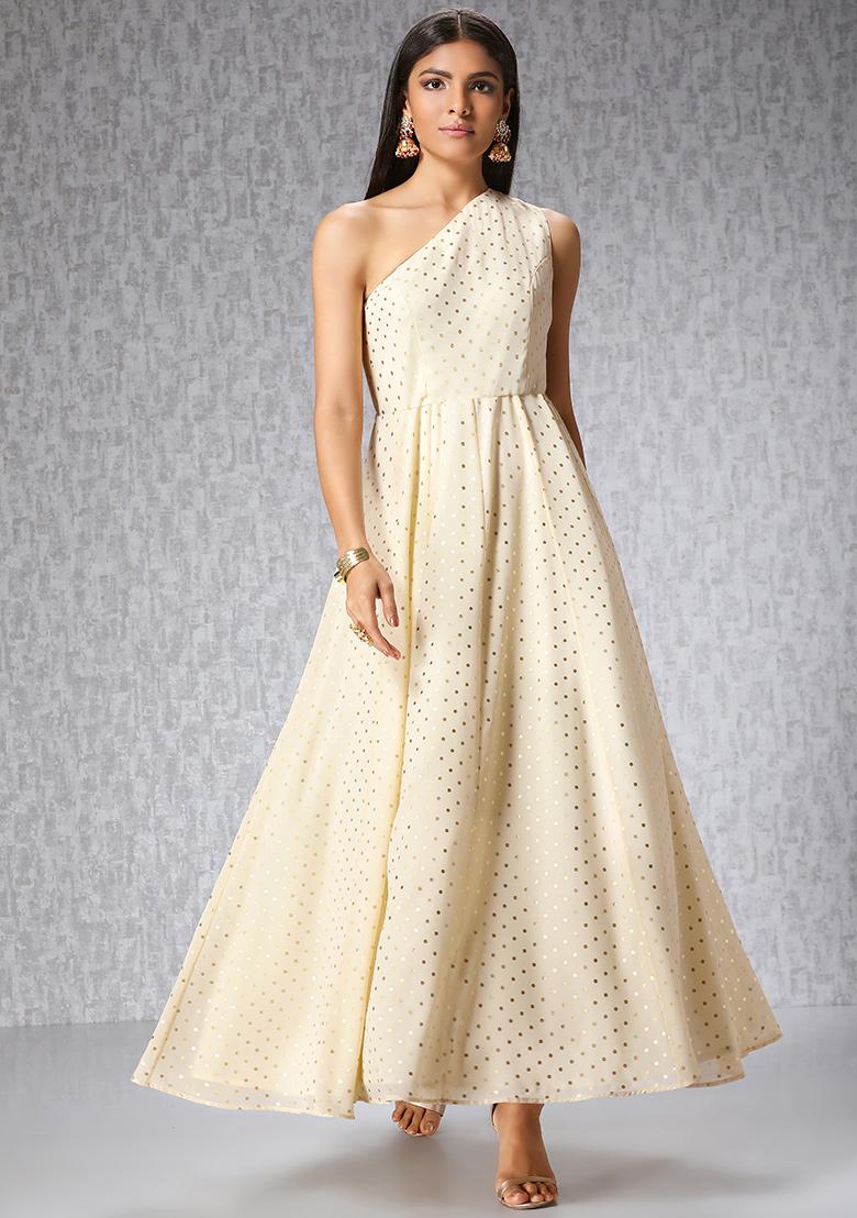 Buy Women Nikhil Thampi X Indya Ivory One Shoulder Polka Foil Maxi Tunic Kurtas Tunics Indya nikhil thampi x indya ivory one shoulder polka foil maxi tunic