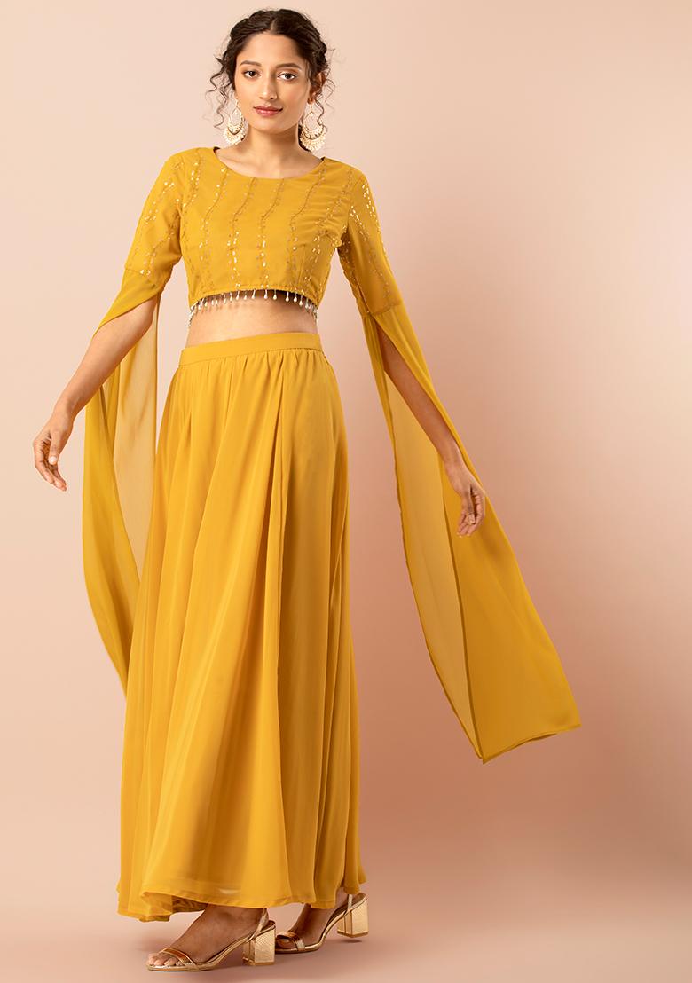 Buy Women Yellow Embroidered Extra Long 