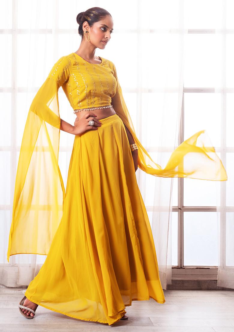 Buy Women Yellow Embroidered Extra Long 