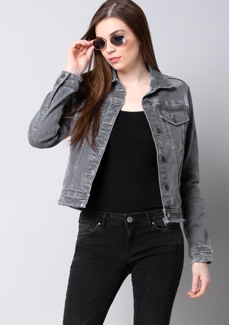 Buy HERENOW Women Grey Solid Cropped Denim Jacket  Jackets for Women  10300853  Myntra
