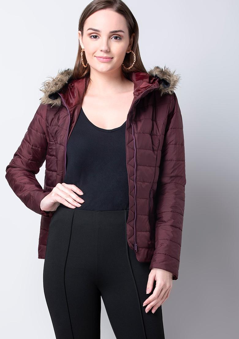 wine puffer jacket with fur hood