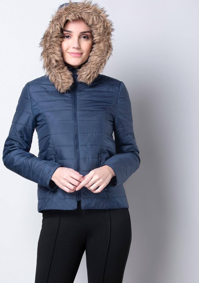 navy blue puffer jacket with fur hood