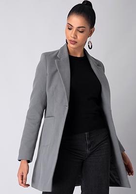 Grey Lapel Collar Front Pocket Long Coat 
