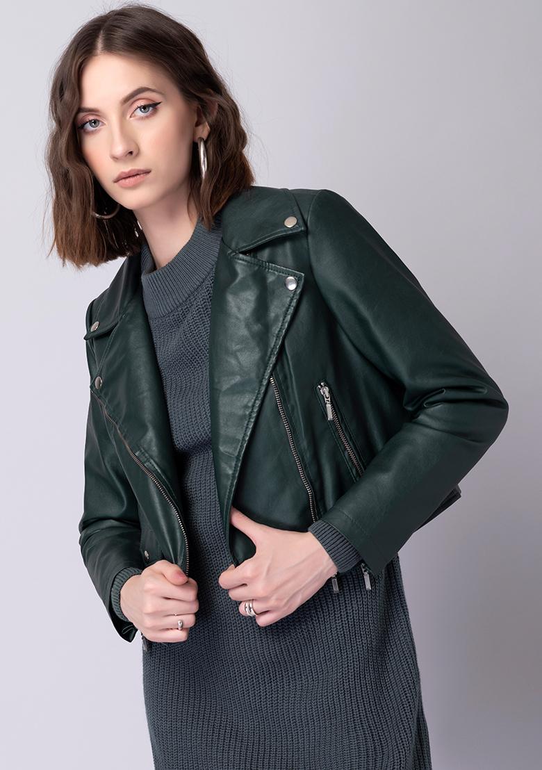 Buy BUTTON-DOWN FAUX LEATHER DARK GREEN JACKET for Women Online in India
