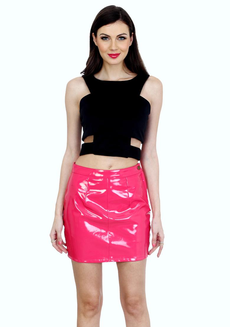 pink leather mini skirt