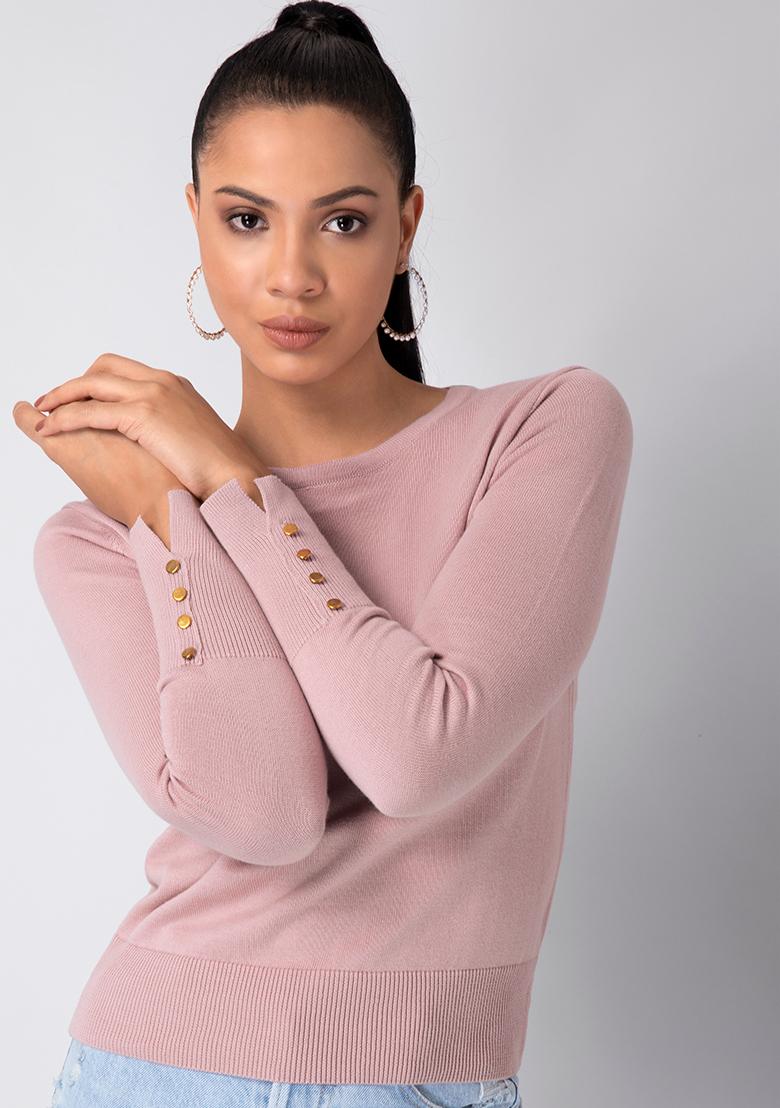 Pink Metallic Buttoned Sweater - Trends 
