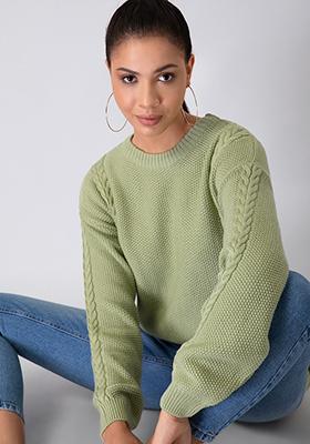 Mint Green Drop Shoulder Textured Sweater 