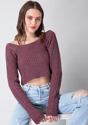 Pink Square Neck Fitted Crop Sweater 