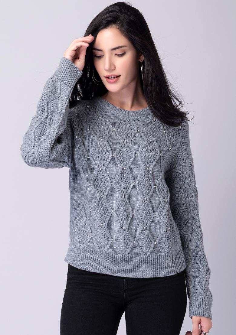 Buy Women Grey Pearl Embellished Sweater - WinterWear Online India -  FabAlley