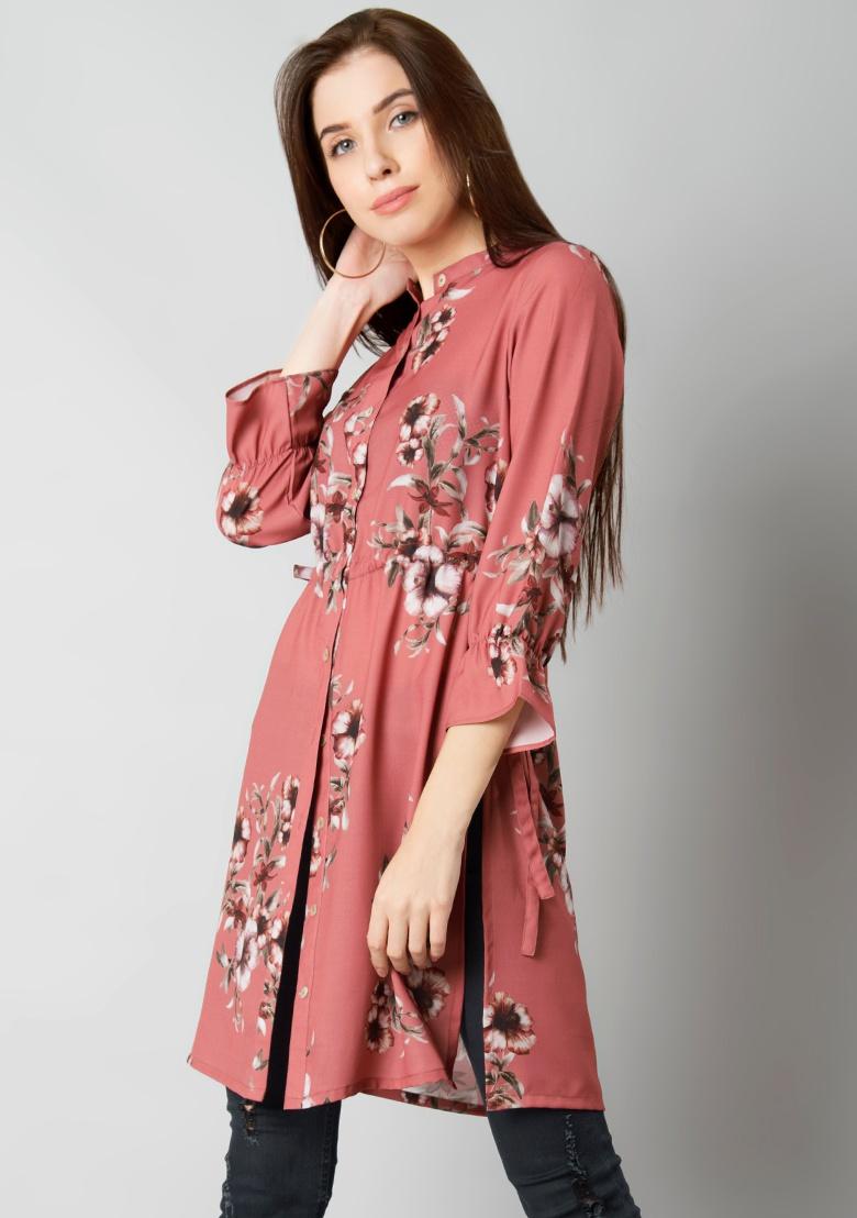 Buy Women Drawstring Longline Shirt - Pink Floral - Maxi Tops Online India  - FabAlley