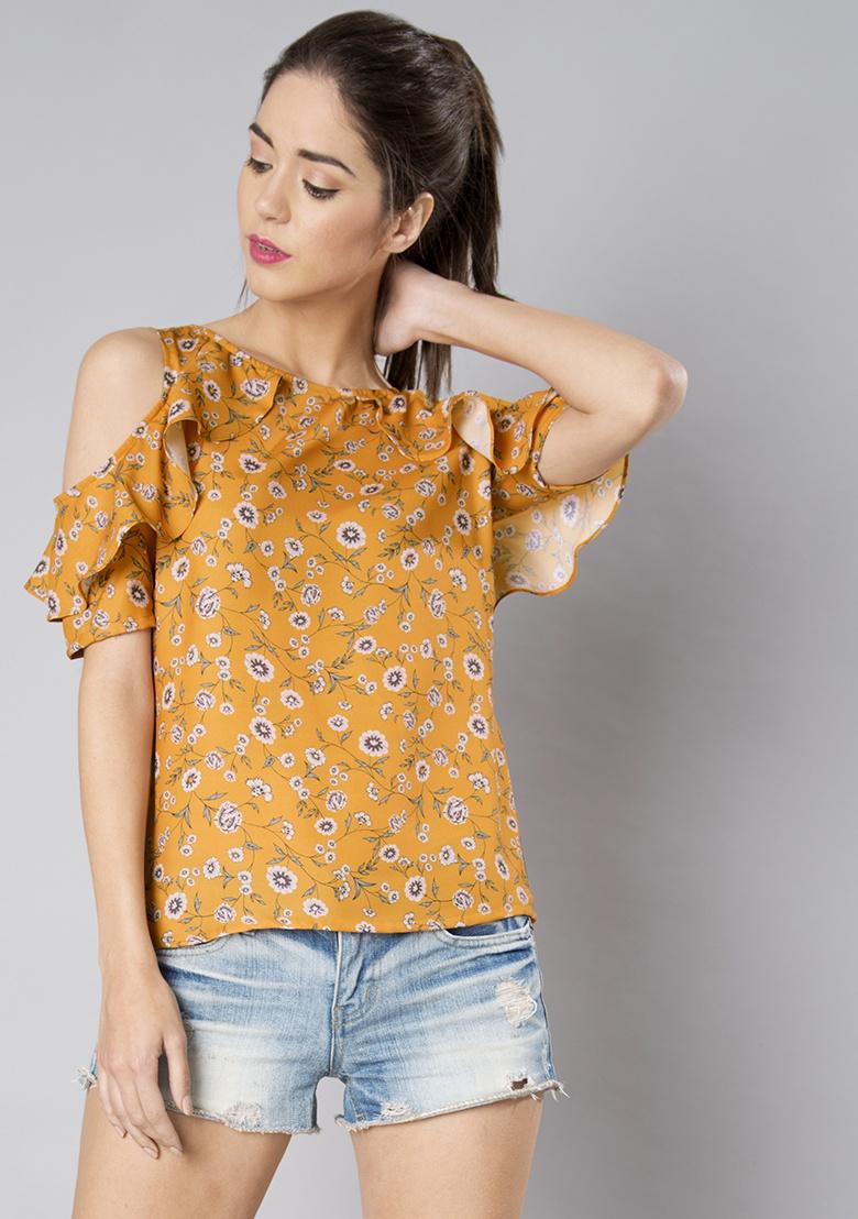 yellow floral cold shoulder top