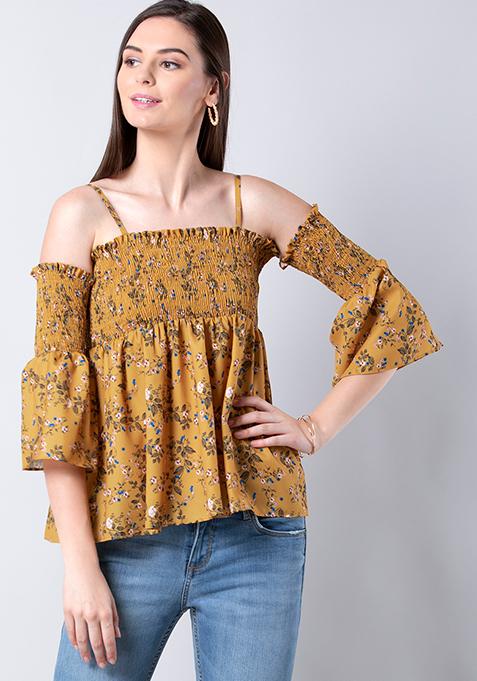 Buy Women Mustard Floral Smocked Strappy Top - Beach Wear Online India ...