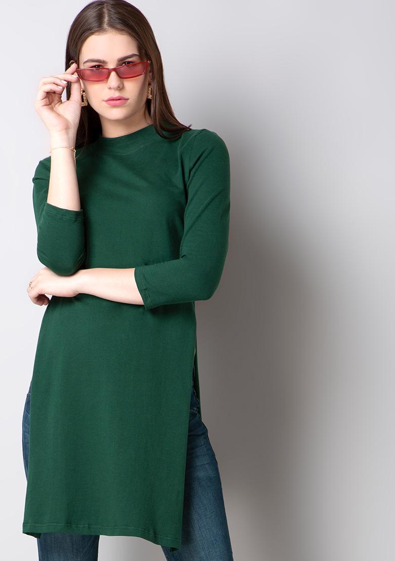 Green High Neck Long Tee - Maxi Tops 