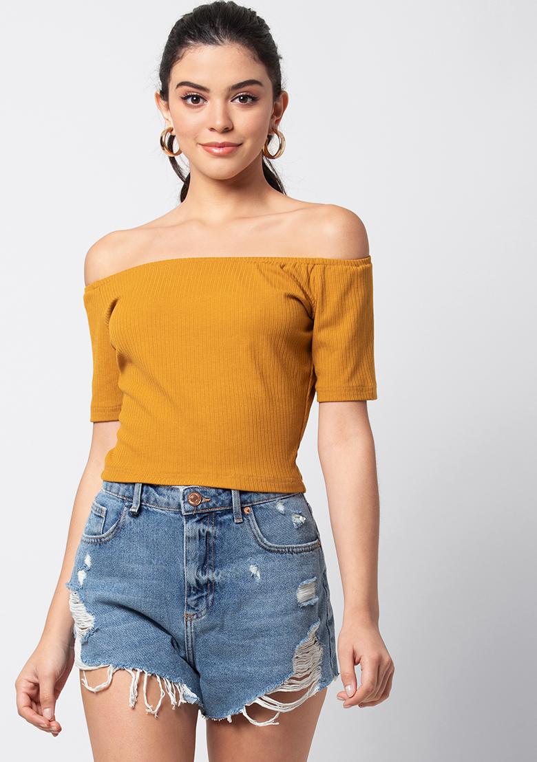 yellow off the shoulder crop top