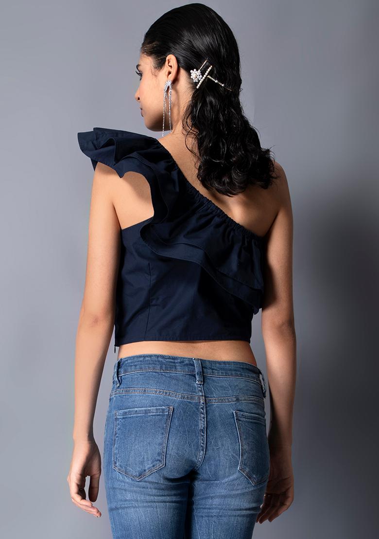 One shoulder cheap ruffle crop top