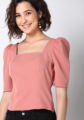 Dusty Pink Square Neck Puff Sleeve Top