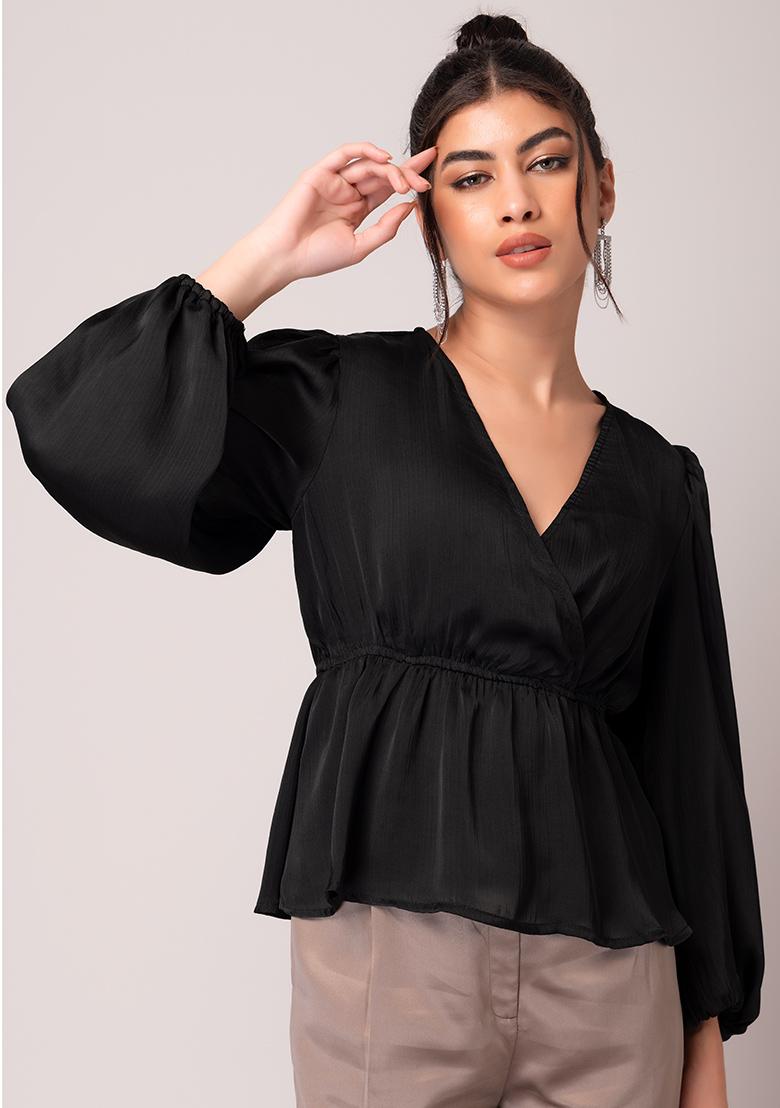 Buy Women Black V Elasticated Sleeve Blouse - Honeymoon Dress Online India - FabAlley