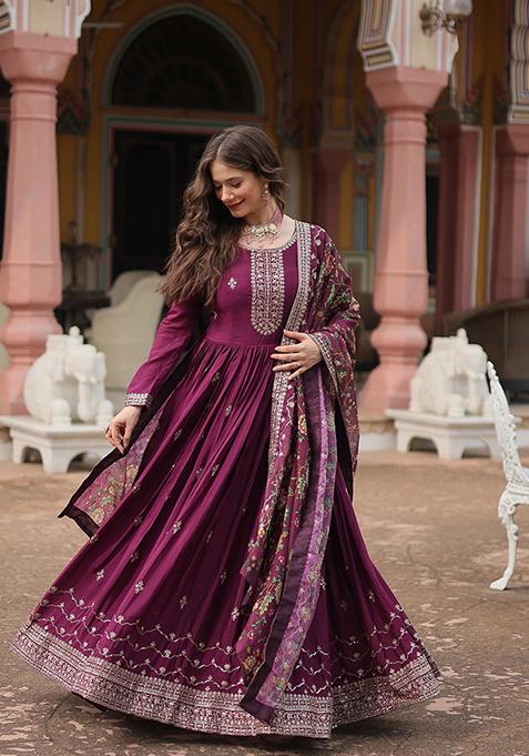 Navira Mehendi Color Vichitra Silk Rich Sequins Zari Embroidered Gown with Dupatta