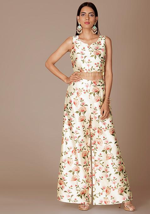 Ivory Floral Print Crop Top And Palazzo Pants Set Buy Women