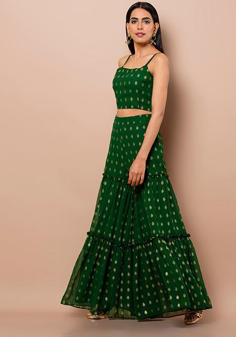 Green Foil Crop Top and Tiered Sharara ...