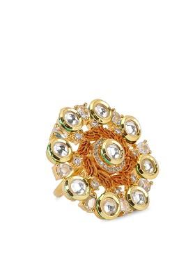 Women Gold Plated And White American Diamond Studded With Kundan Finger Ring