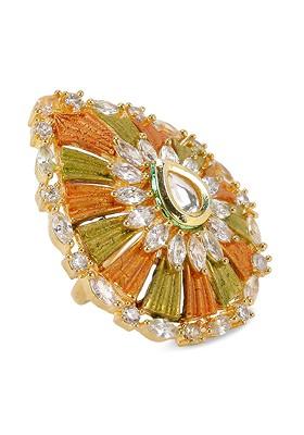 Women Gold Plated And Green American Diamond Studded With Kundan Finger Ring