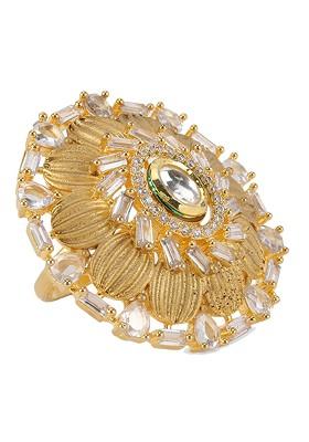 Women Gold Plated And White American Diamond Studded With Kundan Finger Ring